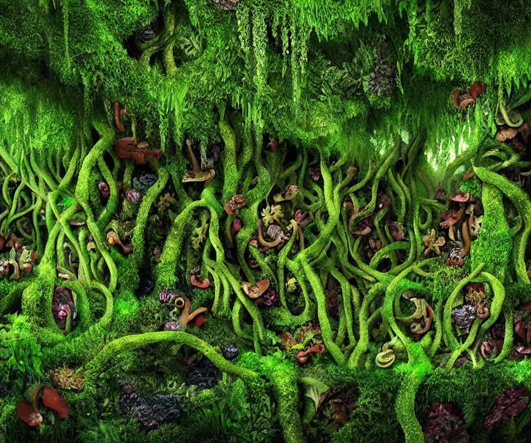 Image similar to a rainforest made of mushrooms, moss, and vines in the style of anti - art trending on artstation deviantart pinterest detailed high resolution hd 8 k