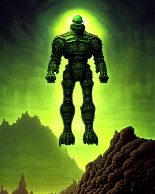 Image similar to portrait giant green humanoid with his fist up, brown armor, background ancient alien landscape, low angle, close up, concept art, intricate details, highly detailed, sci - fi poster, future, sci - fi art, in the style of chris foss, rodger dean, moebius, michael whelan, and gustave dore