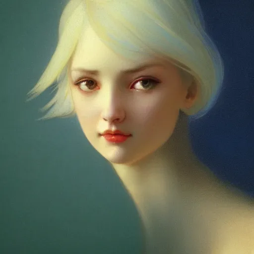 Image similar to a young woman's face, her hair is white and she wears an cobalt blue satin cloak, by ivan aivazovsky and syd mead and moebius and gaston bussiere and roger dean and pieter claesz and paul delaroche and alma tadema and aelbert cuyp and willam claesz, hyperrealistic, volumetric light, octane render