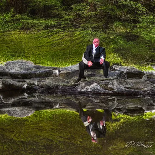 Prompt: the man's face is near a river with a reflection of himself, surreal portrait, surrealism, shot with nikon z9, natural light,