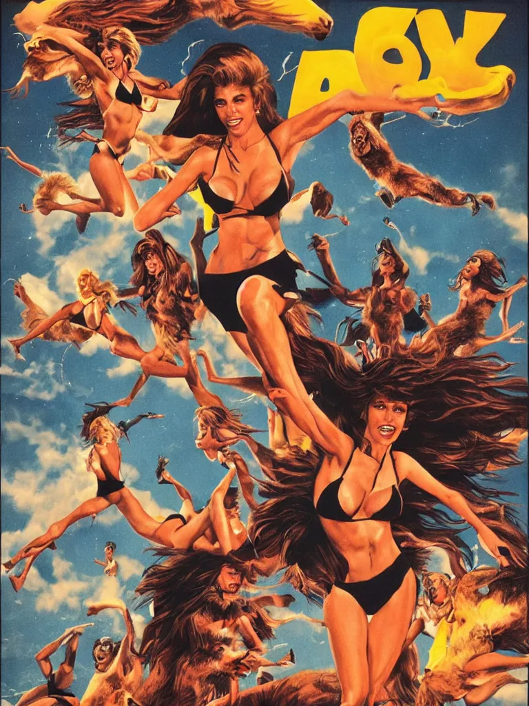 Image similar to 8 0's movie poster of bikini girls flying running from a wolfman, decolletage, confident pose, coherent, insane detail, concept art, character concept, cinematic lighting, global illumination radiating a glowing aura
