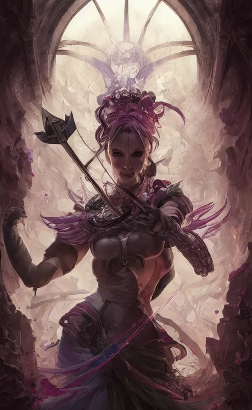 Prompt: side portait of magical girl fighting a monster, inside castle of cards, magic effects, symmetrical face features, front game card, drark, marvel comics, dark, intricate, highly detailed, smooth, artstation, digital illustration by ruan jia and mandy jurgens and artgerm and wayne barlowe and greg rutkowski and zdislav beksinski