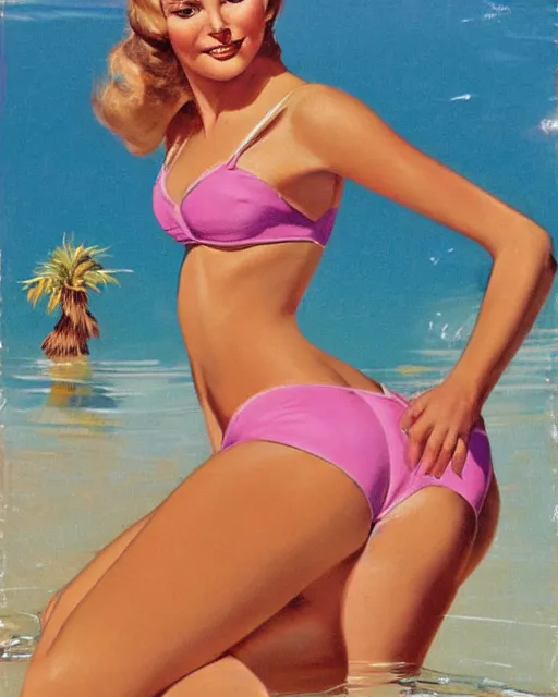 Image similar to tuesday weld in a pink bikini, tuesday weld half immersed in water in a palm springs midcentury swimming pool by gil elvgren, by mort kunstler, by earl norem