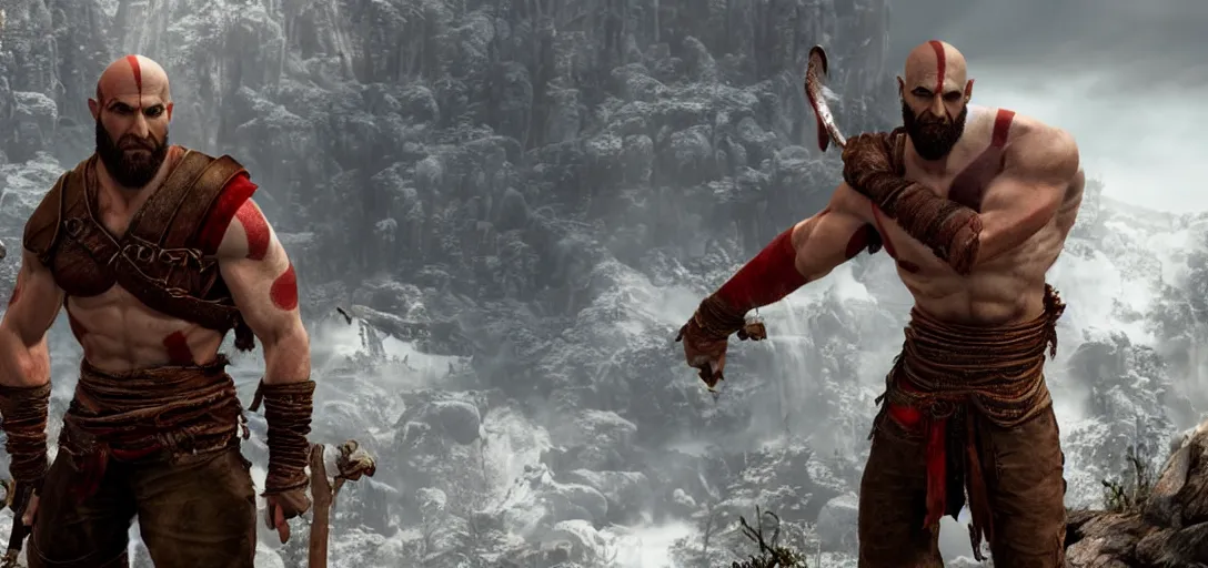 Image similar to still of nathan drake as kratos in god of war ii