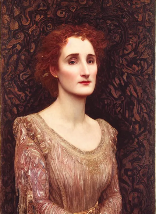 Image similar to a portrait of lisa gerrard, by edward robert hughes and frederic leighton