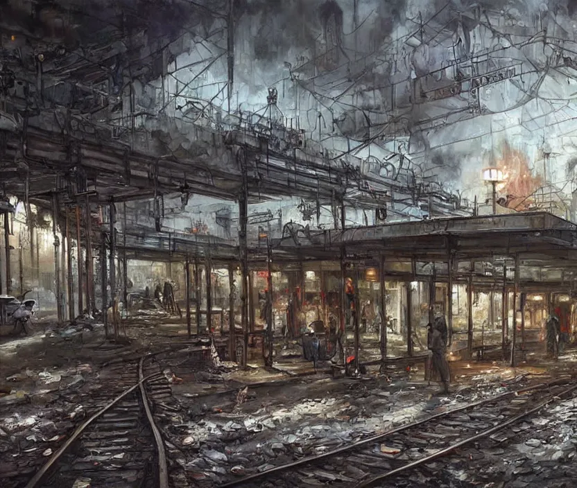 Image similar to post-apocalyptic urban train station, by Konstantin Razumov, horror scene, highly detailded