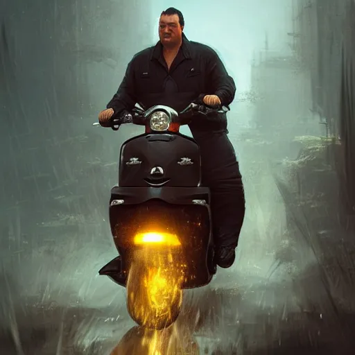 Prompt: obese Steven Seagal riding a scooter, amazing splashscreen artwork, splash art, natural light, elegant, intricate, fantasy, atmospheric lighting, cinematic, matte painting, by Greg rutkowski