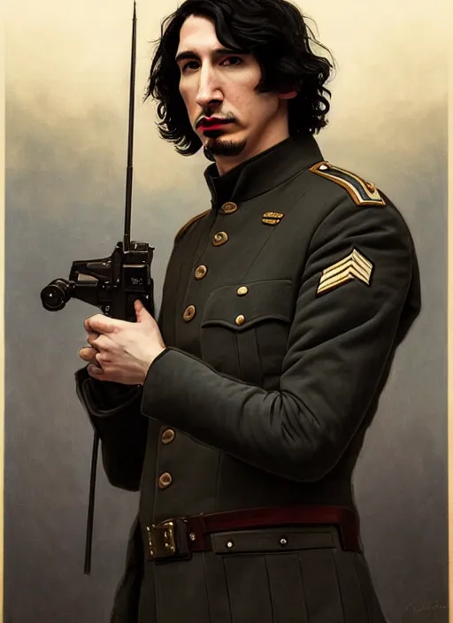 Prompt: painting of both john oliver and adam driver together, adam driver behind, john oliver in front, stoic, full body, military uniform, fantasy, elegant, beautiful, highly detailed, centered, dark, smokey, digital painting, concept art, smooth, sharp focus, illustration, deviant art, art by greg rutkowski, art by alphonse mucha