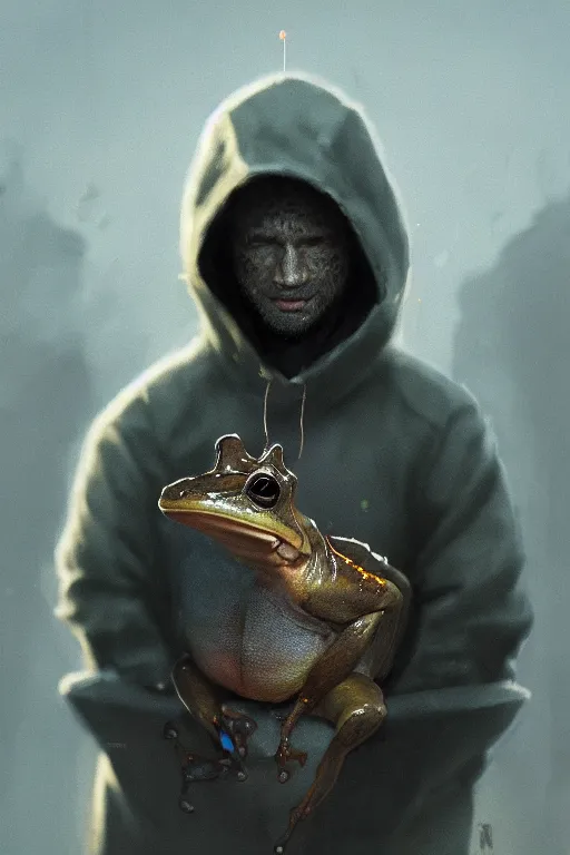 Image similar to a portrait of a frog in a hoody by Greg Rutkowski, Sung Choi, Mitchell Mohrhauser, Maciej Kuciara, Johnson Ting, Maxim Verehin, Peter Konig, Bloodborne , 8k photorealistic, cinematic lighting, HD, high details, atmospheric , trending on artstation