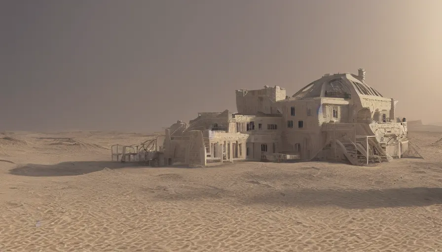Image similar to white house under tons of sand, sandstorm, sand dunes, hyperdetailed, artstation, cgsociety, 8 k