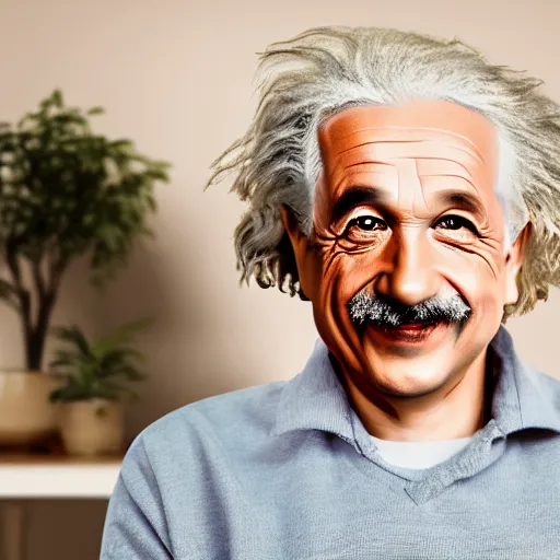 Image similar to Portrait Photo of a young Albert Einstein smiling into the camera, smiling softly, colored, realistic, 4k/8, real, photoshooting, relaxing on a modern couch, interior lighting, cozy living room background, medium shot, mid-shot, soft focus, professional photography, Portra 400