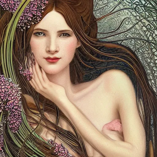 Image similar to facial portrait of a young pretty woman in flowing dress, arrogant, mysterious, long fine flowing hair, delicate, looking at camera, slightly awkward smile, realistic face, hands behind back, intricate, stylish, elegant, grimdark fantasy, flowers, art nouveau, extremely detailed painting inspired by Gerald Brom and Ernst Haeckel and Kaluta