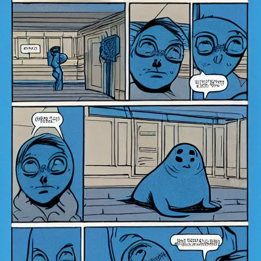 Image similar to blue baby baby seal on top of a roof, dark lighting, wide shot, comix by dave gibbons and john higgins