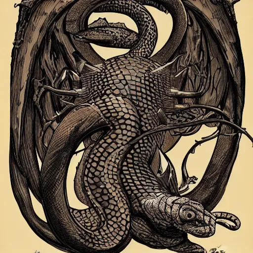 Image similar to an amalgamation of a snake, lizard, and human with one angelic wing and one demonic wing