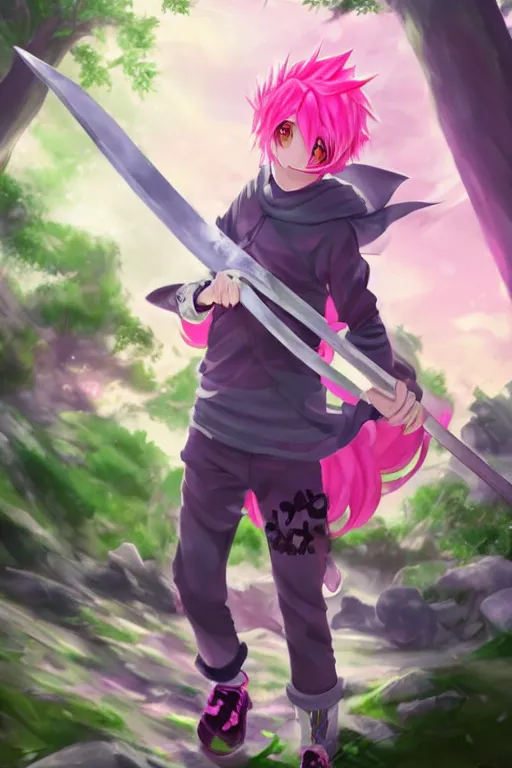 Image similar to a beautiful fullbody portrait of a cute male anime boy with pink hair, wearing a cool outfit, barefoot, wielding a sword in battle position, in a forest, at night. ambient occlusion, volumetric light, detailed, realistic, fantasy character, rendered in octane