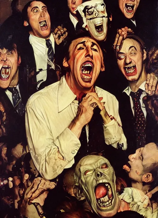 Image similar to nicholas cage screaming about crazy evil in his own living room, painted by norman rockwell and phil hale and tom lovell and frank schoonover