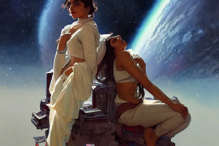 Image similar to Pensive good looking pale young Indian doctors wearing jeans in a space station above Earth, portrait, elegant, intricate, digital painting, artstation, concept art, smooth, sharp focus, illustration, art by artgerm and greg rutkowski and alphonse mucha