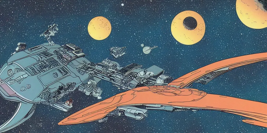 Prompt: illustration of a cosmic vista with a spaceship. Moebius.