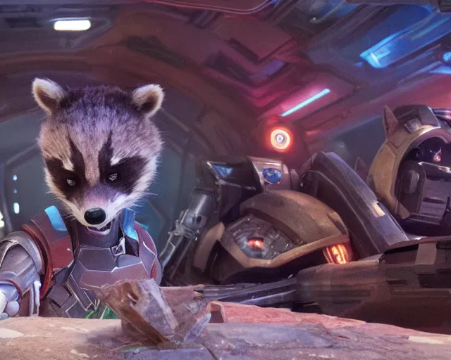 Prompt: film still of rocket the raccoon from guardians of the galaxy, octane