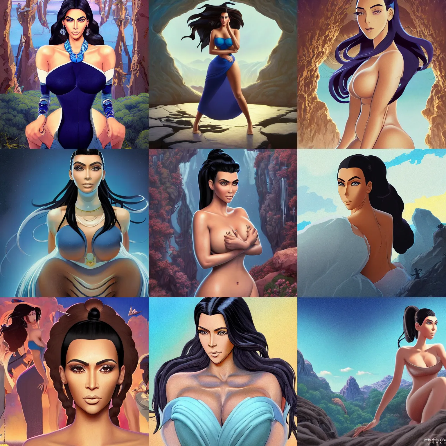 Prompt: full body cartoon render painting of a strikingly gorgeous assiniboine and mandan kim kardashian with blue eyes and long dark brown hair, with a 🧔🏾♂ with short twists, rossdraws, studio ghibli, norman rockwell, emiliano ponzi, epic composition, hd, octane, unreal engine, volumetric lighting, light rays, masterpiece, award - winning