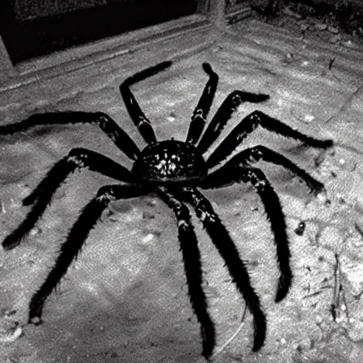 Image similar to trailcam footage of giant spider pennywise, night, creepy, grainy footage