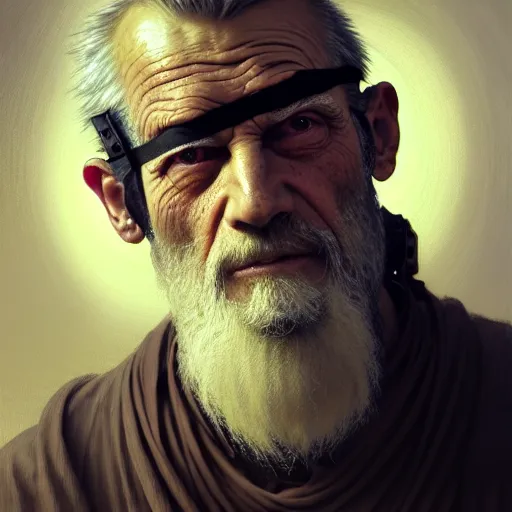 Image similar to portrait painting of a post - apocalyptic older american man wearing monk garbs and a blindfold and a scrap pauldron, ultra realistic, concept art, intricate details, eerie, highly detailed, photorealistic, octane render, 8 k, unreal engine. art by artgerm and greg rutkowski and charlie bowater and magali villeneuve and alphonse mucha