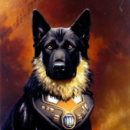 Image similar to a portrait of a black german shepard dog dogman canine star trek officer. highly detailed painting by gaston bussiere, craig mullins, j. c. leyendecker, furry