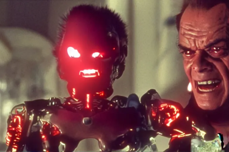 Image similar to Jack Nicholson plays Terminator Pikachu, scene where his inner exoskeleton is visible and his eye glows red, still from the film