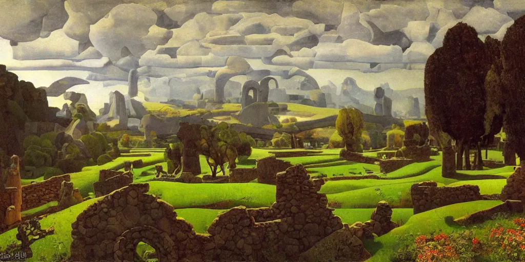 Image similar to bucolic landscape with antique ruins, high detail, crepuscular ray, light through the mist, dramatic lighting, by Grant Wood, by Bekzinsky, by Salvador Dali, by Antoni Gaudi, by Maxfield Parrish, by Nicholas Roerich, by H.R. Giger