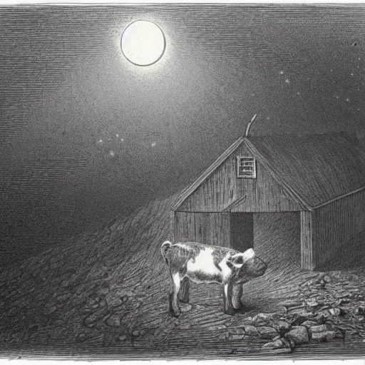 Prompt: pig in a tuxedo coming out of a barn, dark, moon, dark clouds, high detail, dramatic light, drawing gustave dore