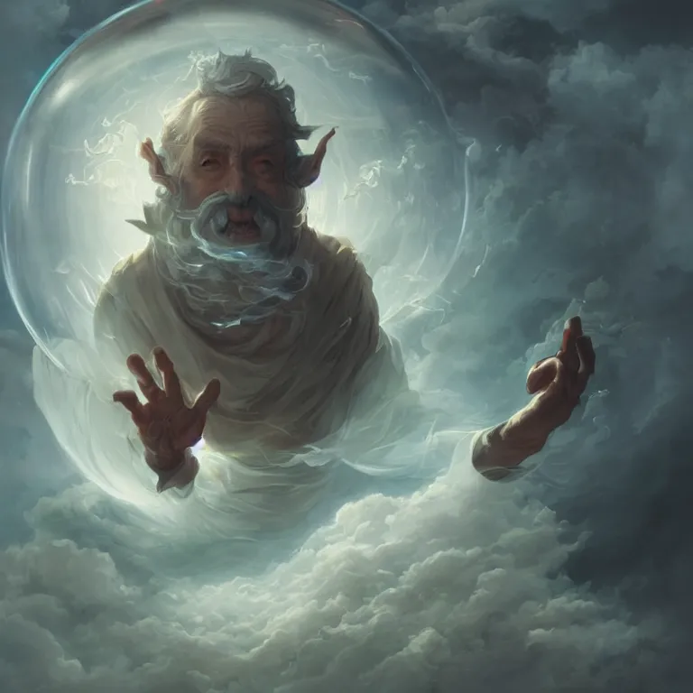 Prompt: an old wizard trapped inside a floating soap bubble among the clouds, ethereal, fantasy, style of peter mohrbacher, dramatic lighting