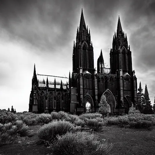 Prompt: hasselblad photograph of a epic dark gothic cathedral with tall spires made of hard red rock, gothic architecture, large windows, bloodborne cathedral, stained glass windows, gothic cathedral, GOTHIC cathedral, bristlecone pine trees, ultrawide cinematic, dark dramatic skies, atmospheric, vultures