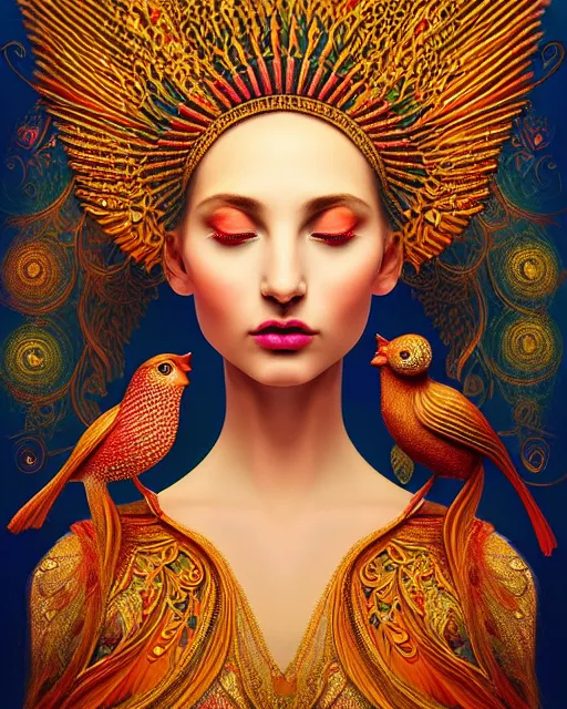 Image similar to portrait of the beautiful young goddess of birds, unusual beauty, etheric, outworldly colours, emotionally evoking symbolic metaphors, head in focus, fantasy, ornamental, intricate, elegant, highly detailed painting style photo, artstation, concept art, painterly, golden ratio, sharp focus, illustration, art by afarin sajedi,