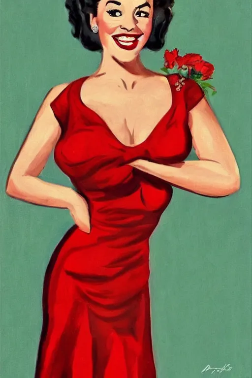 Prompt: a portrait of a beautifull woman, wearing a red dress,with a beautifull smile,in a bloe background. in american style pin up.anatomically correct