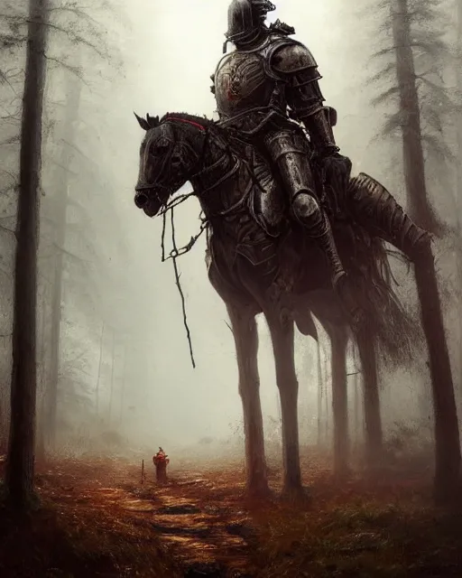 Image similar to Hyper realistic painting of a knight in full plate armor that has completely turned to rust, hyper detailed, surrounded by a dark forest, fog, moody, creepy, cinematic lighting, by greg rutkowski, trending on artstation