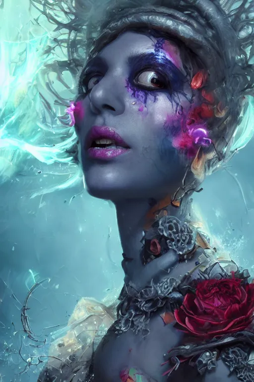 Image similar to face closeup of beautiful girl necromancer, witch - doctor exploding into flowers, angels, 3 d render, hyper - realistic detailed portrait, holding fire and electricity, ruan jia, wlop. scifi, fantasy, magic the gathering, hyper detailed, octane render, concept art, peter mohrbacher