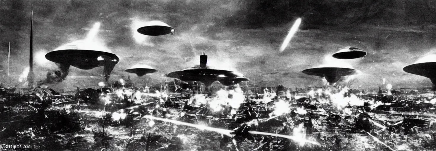 Image similar to Invasion of an alien life form in Germany, black and white photography, World War II, destruction, ufo, flying saucers, laser weapons, outerspace, technology