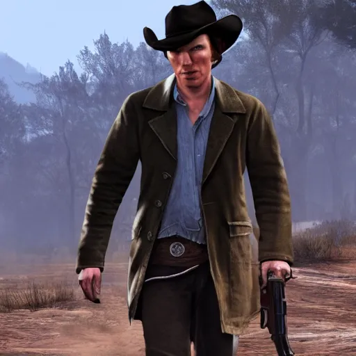 Prompt: a screenshot of benedict cumberbatch in the video game red dead redemption. 3 d rendering. unreal engine. amazing likeness. very detailed. cartoon caricature
