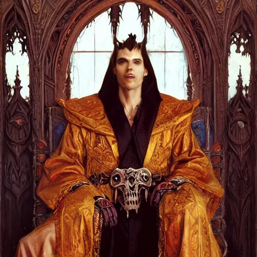 Image similar to perfectly centered portrait of attractive vampire king in a robe sitting on a throne of bones, highly detailed painting by gaston bussiere, craig mullins, j. c. leyendecker, 8 k