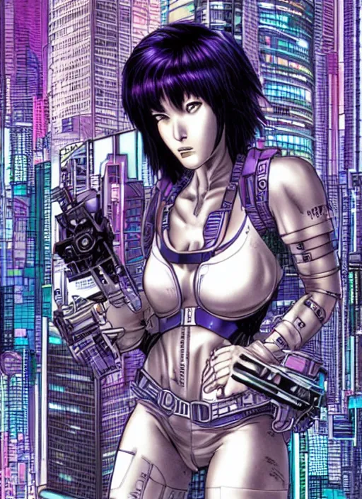 Image similar to motoko kusanagi in grungy cyberpunk megacity, intricate and finely detailed, cyberpunk vaporwave, portrait by j scott campbell