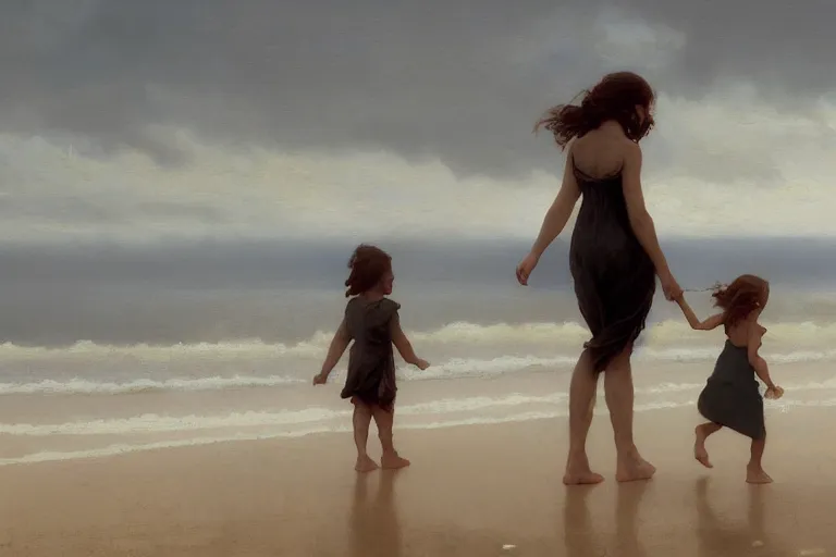 Prompt: woman with child walking on beach, by Greg Rutkowski, William-Adolphe Bouguereau, jason chan, Maxim Verehin, Peter Konig, photorealistic 8k, cinematic lighting, HD, high detail, atmospheric, trending on artstation