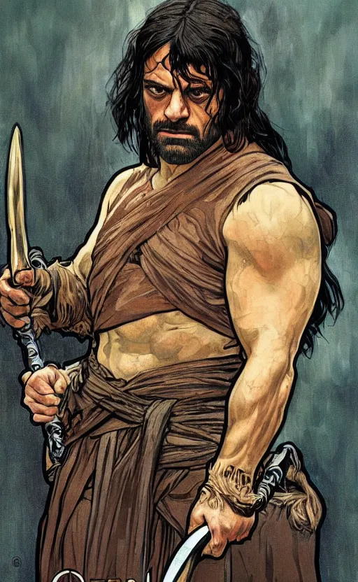 Image similar to oscar isaac as conan the barbarian, portrait, dark atmosphere, high fantasy, illustration, style of alphonse mucha