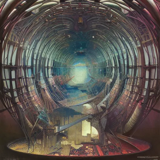 Prompt: inside epic futuristic structure by raymond swanland, alphonse mucha and zdzisław beksinski, highly detailed