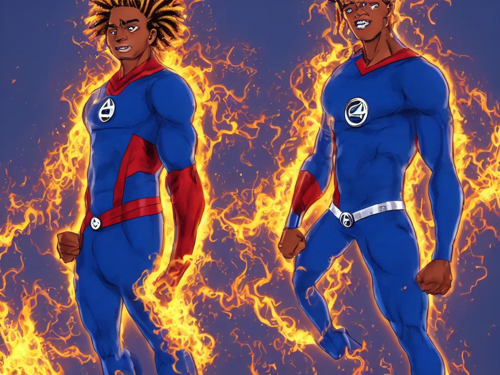 Prompt: African American Johnny Storm young male superhero of the fantastic four with flaming brown dreadlocks hair, blue uniform with the number 4 on the chest in a round logo, cinematic, high detail, no imperfections, extreme realism, high detail, extremely symmetric facial features, hyper realistic, dramatic lighting, unreal engine, by Stephen Spielberg