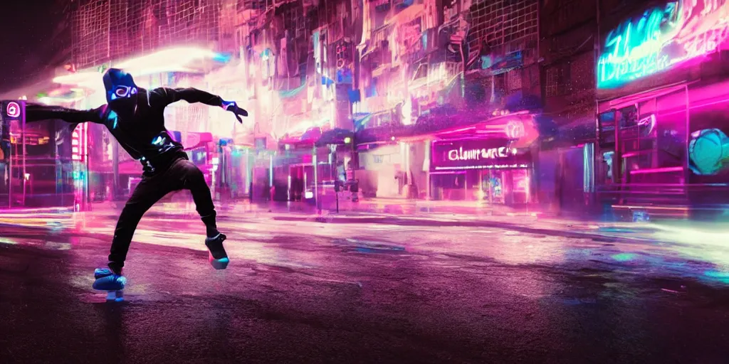 Prompt: cinematic camera wide angle of slow motion film still of futuristic break dancer wearing neon lights, long exposure shot , at night in the middle of a rainy street, paddle of water, water splashes, rim lights, glossy reflections, water droplets on lens, octane render, detailed and soft, by laurie greasley