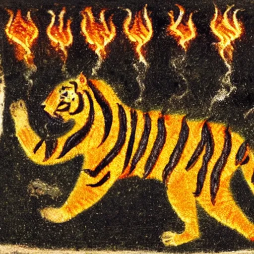 Image similar to bad drawn tiger made of smoke, lava and fire flying in the sky with many legs in a medieval manuscript, medieval manuscript, golden miniatures