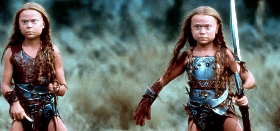 Image similar to still of greta thunberg as conan in conan the destroyer ( 1 9 8 4 )