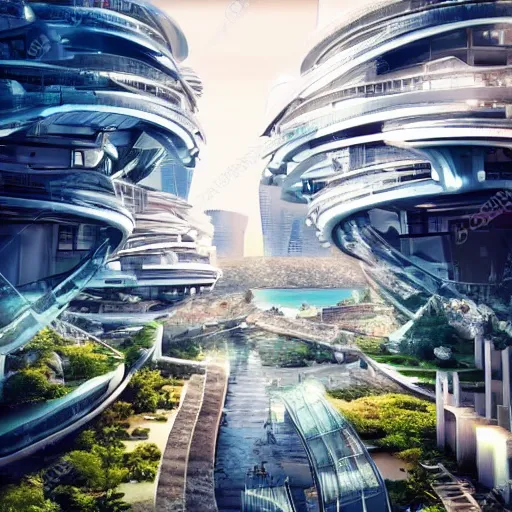 Image similar to a beautiful futuristic city near the beach