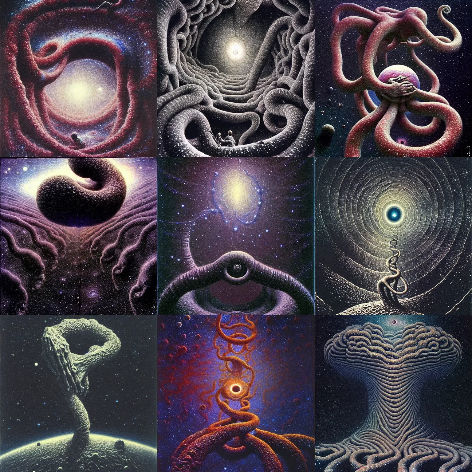 Prompt: galaxy in space grabbed by tentacles from void!!!! by beksinski!!, mc escher!!, tessellation, trending on artstation, profile picture logo, movie scene