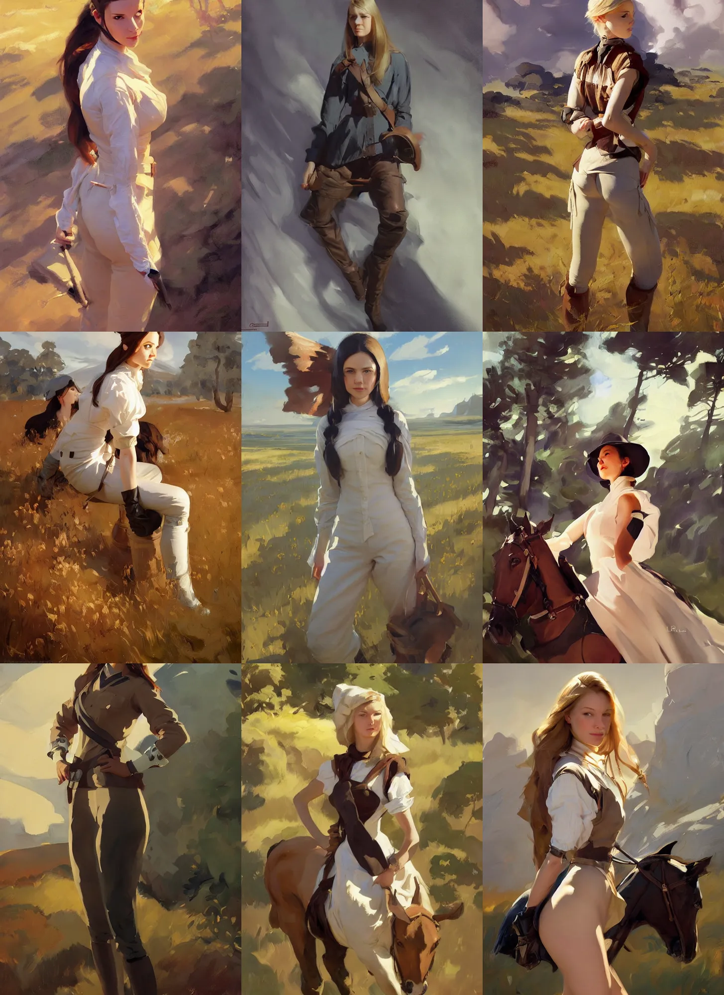 Prompt: portrait of finnish norway scandinavian attractive maiden in the field jodhpurs greg manchess painting by sargent and leyendecker, studio ghibli, fantasy, medium shot, asymmetrical, intricate, elegant, matte painting, illustration, hearthstone, by greg rutkowski, by greg tocchini, by james gilleard, by joe fenton